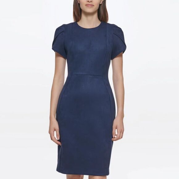 Calvin Klein Navy Short Sleeve Faux Suede Sheath Dress, Size 12, NWT - Picture 1 of 13